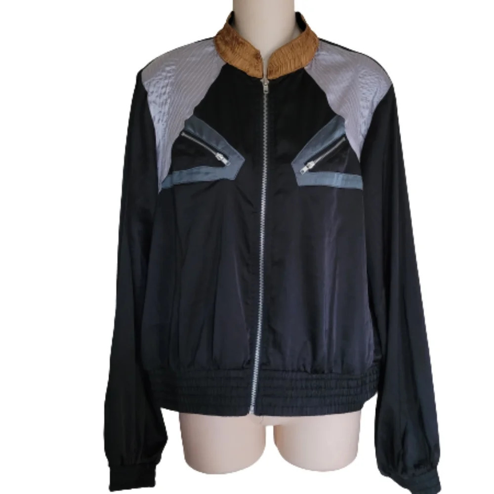 Gimmicks by BKE Black Zip Up Satin Feeling Varsity Jacket Size Women's Large
